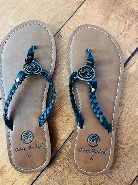 Ocean minded  Black Braided logo brown thong sandal flip flops